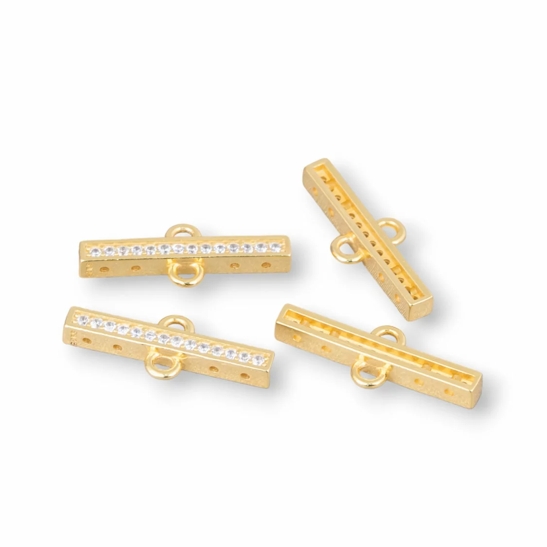 Componente Connettore Di Argento 925 Con Zirconi Barretta Con 2 Anellini e 4 Fori Passanti 20x3mm 6pz Dorato-CONNETTORI CON STRASS | Worldofjewel.com