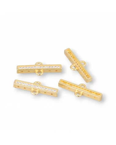 Componente Connettore Di Argento 925 Con Zirconi Barretta Con 2 Anellini e 4 Fori Passanti 20x3mm 6pz Dorato-CONNETTORI CON STRASS | Worldofjewel.com