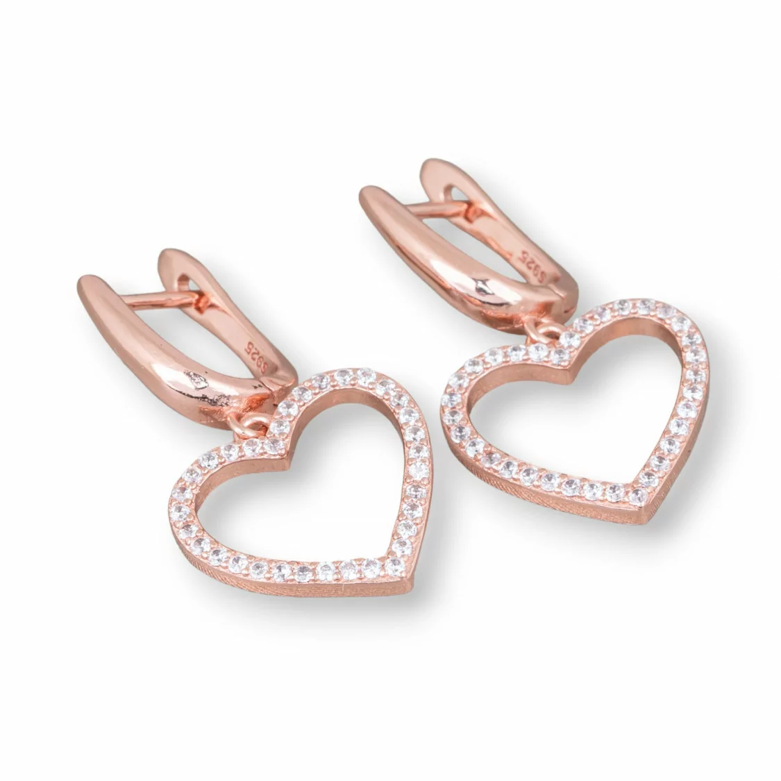 Orecchini Perno Di Argento 925 Con Zirconi Micropave' Cuore 16x30mm 1 Paio Oro Rosa-ARGENTO 925 DESIGN ITALY | Worldofjewel.com