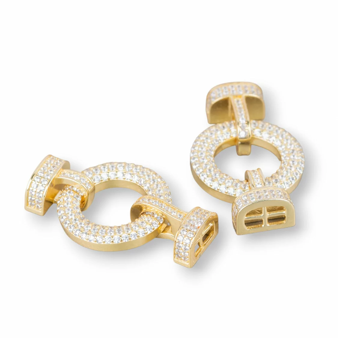 Chiusura Di Argento 925 Con Zirconi A Scatto 18x30mm Con Coppette Da 9x6mm Con Barretta 1pz Dorato Bianco-CHIUSURE DI ARGENTO | Worldofjewel.com