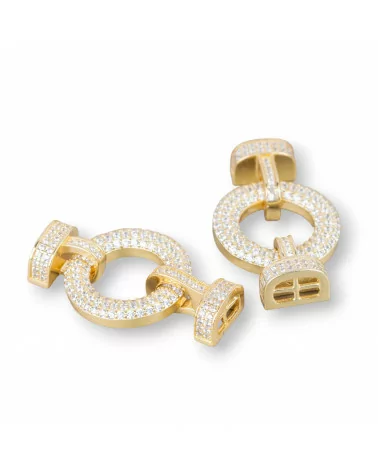 Chiusura Di Argento 925 Con Zirconi A Scatto 18x30mm Con Coppette Da 9x6mm Con Barretta 1pz Dorato Bianco-CHIUSURE DI ARGENTO | Worldofjewel.com