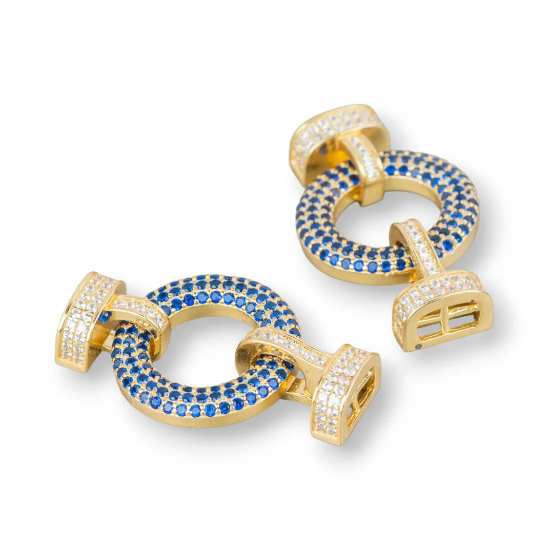 Chiusura Di Argento 925 Con Zirconi A Scatto 18x30mm Con Coppette Da 9x6mm Con Barretta 1pz Dorato Blu Zaffiro-CHIUSURE DI ARGENTO | Worldofjewel.com