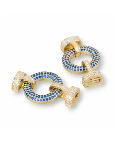 Chiusura Di Argento 925 Con Zirconi A Scatto 18x30mm Con Coppette Da 9x6mm Con Barretta 1pz Dorato Blu Zaffiro-CHIUSURE DI ARGENTO | Worldofjewel.com