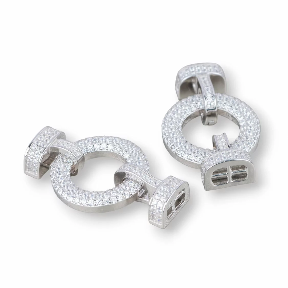 Chiusura Di Argento 925 Con Zirconi A Scatto 18x30mm Con Coppette Da 9x6mm Con Barretta 1pz Rodiato Bianco-CHIUSURE DI ARGENTO | Worldofjewel.com