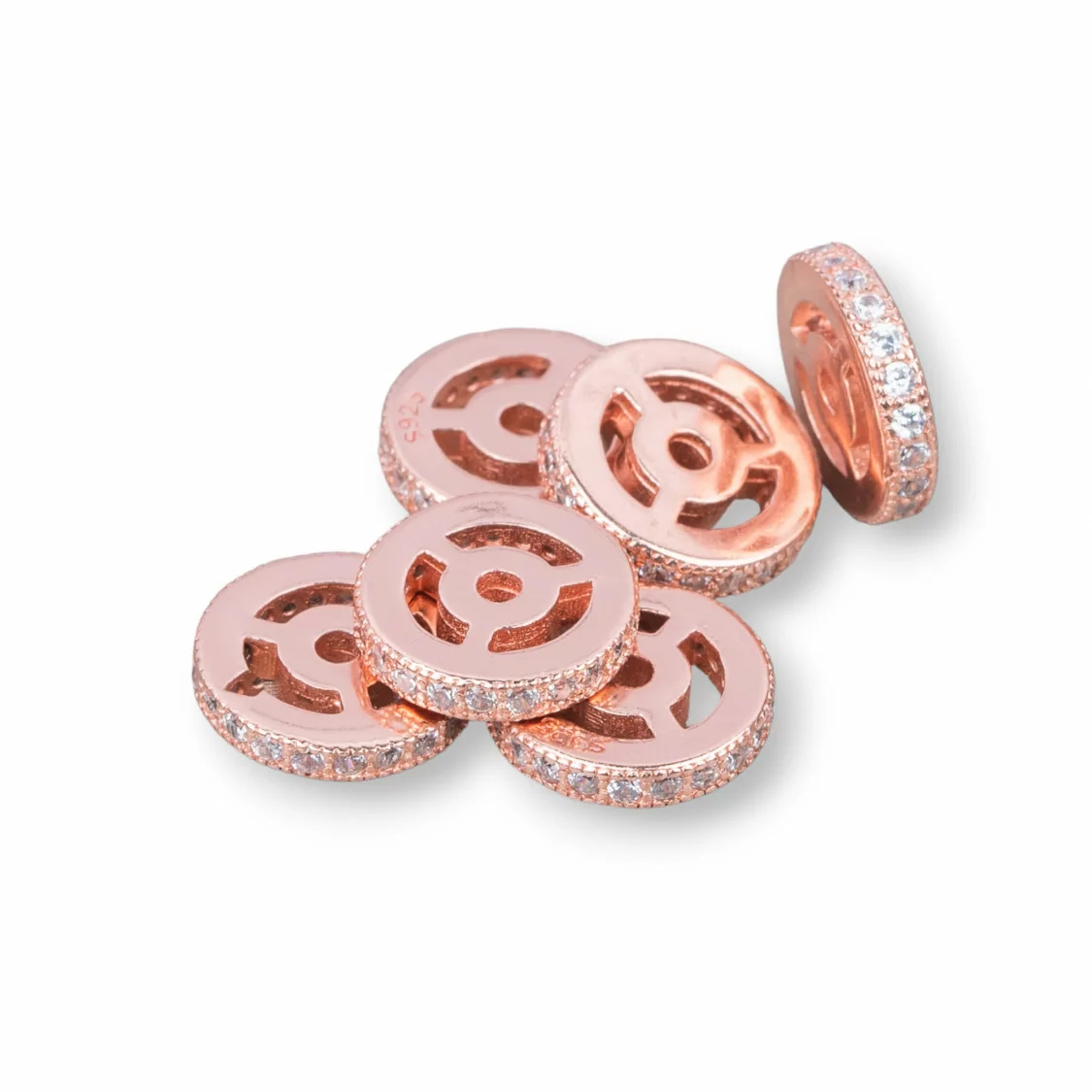 Distanziatore Di Argento 925 Rondelle Con Zirconi 10x2mm 6pz Oro Rosa-CONNETTORI PAVE' | Worldofjewel.com