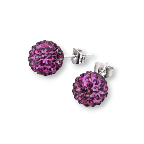 Orecchini Di Argento 925 E Palline Crystal Con Strass 10mm 1 Paio Viola