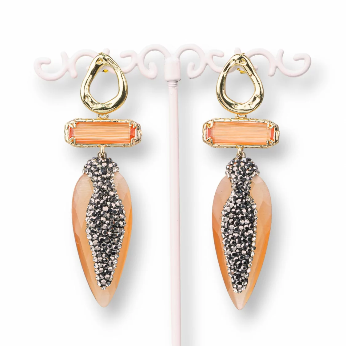 Orecchini A Perno Di Bronzo Con Occhio Di Gatto Rettangolo E Goccia Con Marcasite 22x70mm Arancio-BRONZO CRYSTAL | Worldofjewel.com