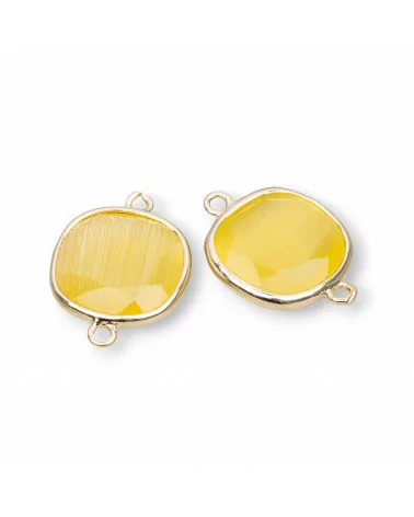 Connettore Componente Di Ottone Con Occhio Di Gatto Sfaccettato Quadrato 16mm Con 2 Anellini 10pz Giallo- QUADRATO | Worldofjewel.com