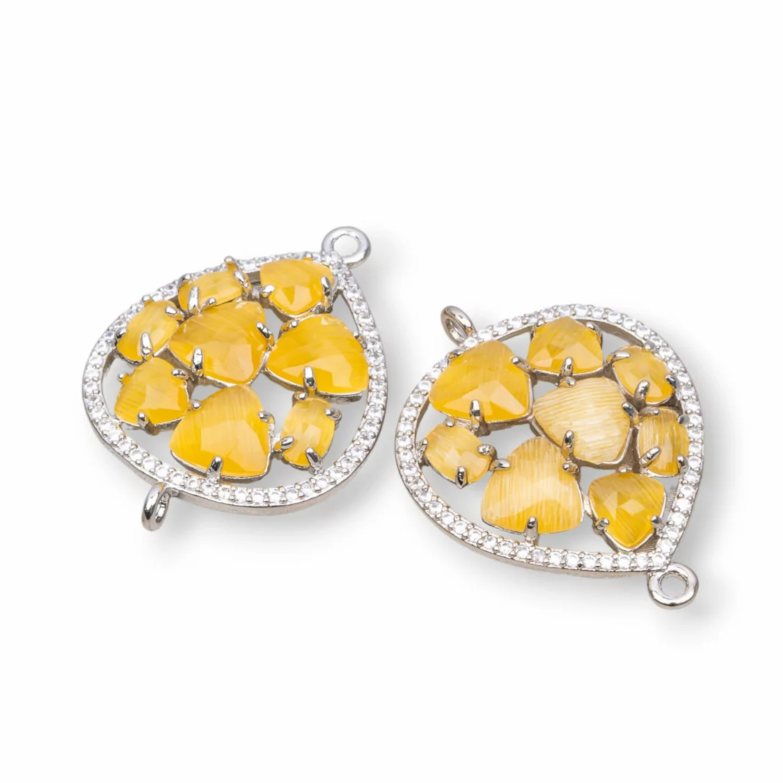 Connettore Componente Di Ottone a Goccia Con Occhio Di Gatto Incastonato E Zirconi 25x34mm 4pz Rodiato Giallo- GOCCE MULTICRISTALLO | Worldofjewel.com