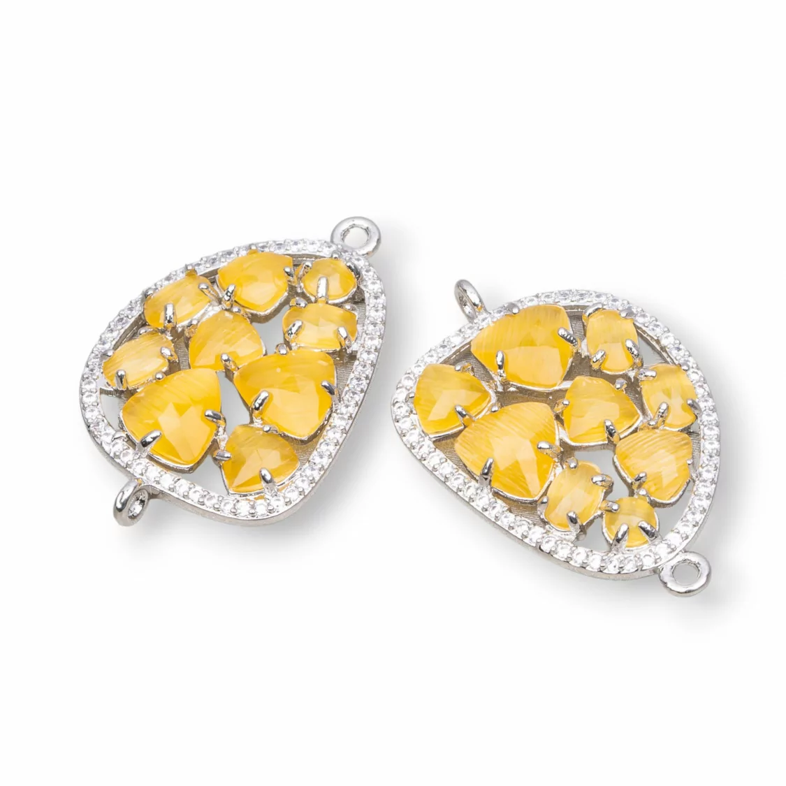 Connettore Componente Di Ottone A Mango Con Occhio Di Gatto Incastonato E Zirconi 23x35mm 4pz Rodiato Giallo- MANGO MULTICRISTALLO | Worldofjewel.com