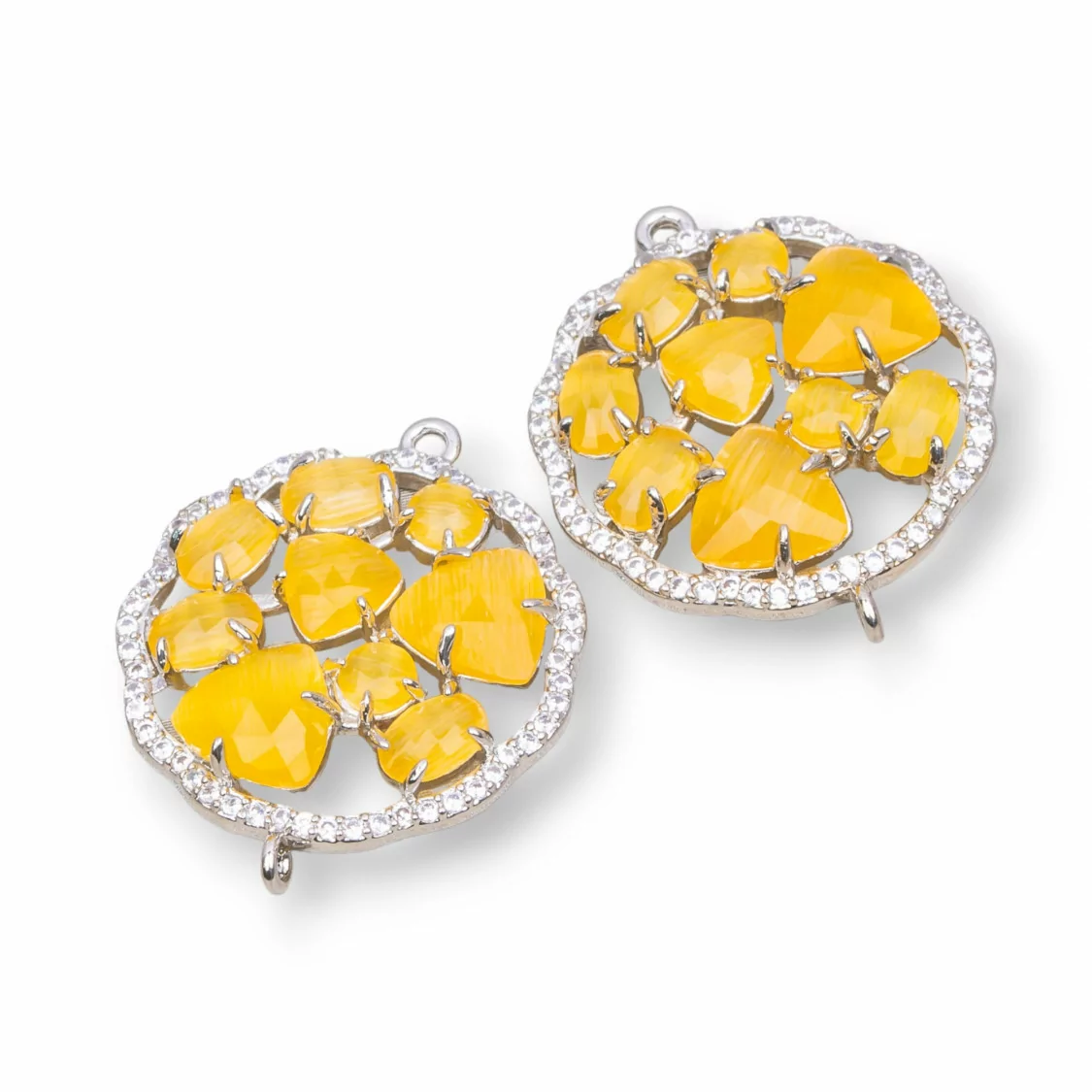 Connettore Componente Di Ottone A Fiore Tondo Con Occhio Di Gatto Incastonato E Zirconi 24mm 4pz Rodiato Giallo- TONDO MULTICRISTALLO | Worldofjewel.com