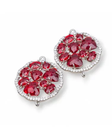 Connettore Componente Di Ottone A Fiore Tondo Con Occhio Di Gatto Incastonato E Zirconi 24mm 4pz Rodiato Rosso- TONDO MULTICRISTALLO | Worldofjewel.com