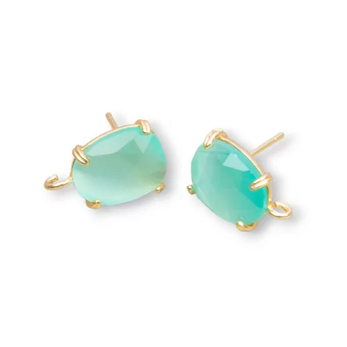 Brass Stud Earring Base with Faceted Cat's Eye 10.5x12mm 5 Pairs Golden Aqua