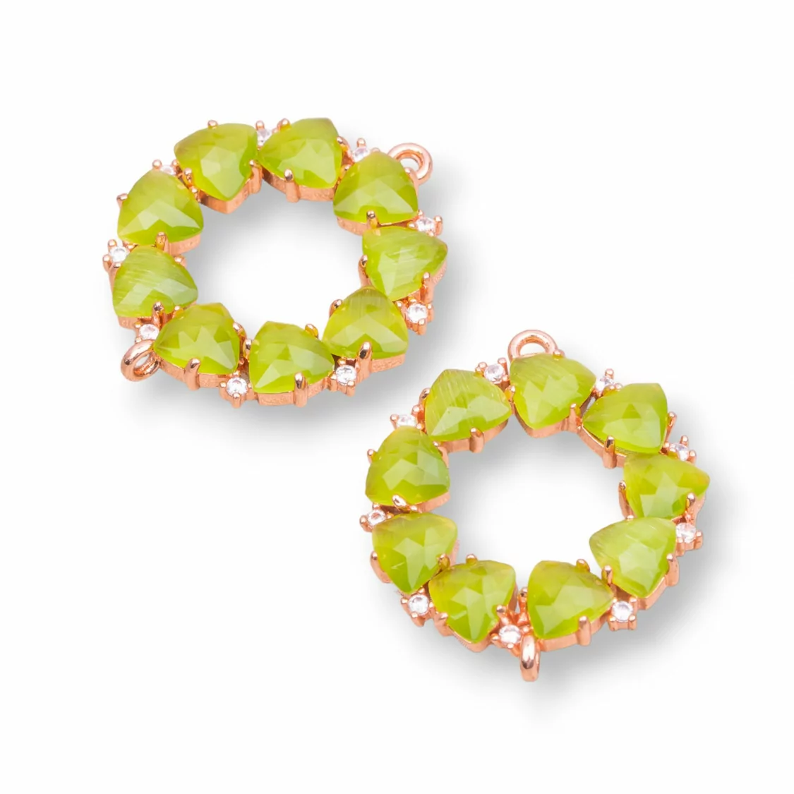 Connettore Componente Di Ottone a Cerchietto Con Occhio Di Gatto Incastonato 25x25mm 4pz Oro Rosa Verde Acido- CERCHIETTO MULTICRISTALLO | Worldofjewel.com