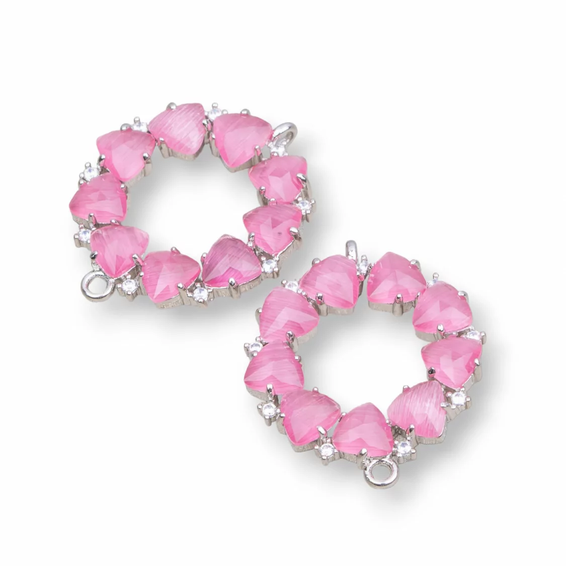 Connettore Componente Di Ottone a Cerchietto Con Occhio Di Gatto Incastonato 25x25mm 4pz Rodiato Rosa Intenso- CERCHIETTO MULTICRISTALLO | Worldofjewel.com