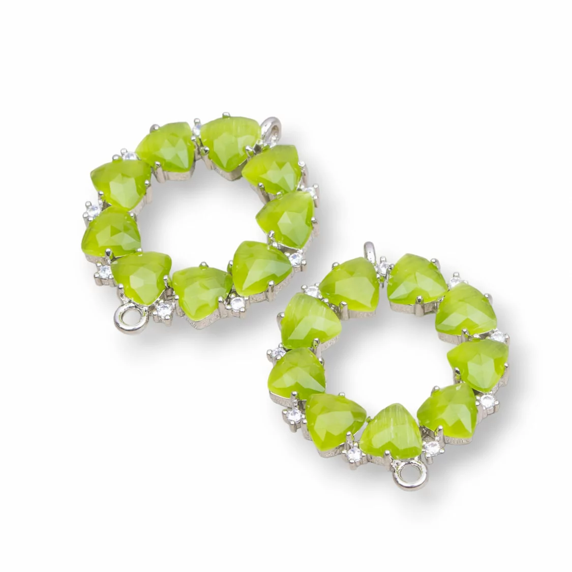 Connettore Componente Di Ottone a Cerchietto Con Occhio Di Gatto Incastonato 25x25mm 4pz Rodiato Verde Acido- CERCHIETTO MULTICRISTALLO | Worldofjewel.com