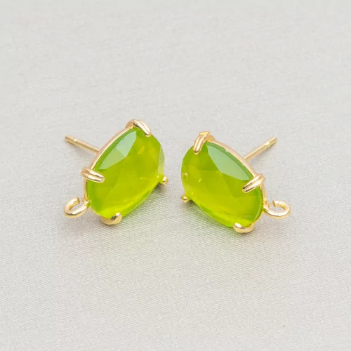 Brass Stud Earring Base with Faceted Cat's Eye 10.5x12mm 5 Pairs Acid Green Golden