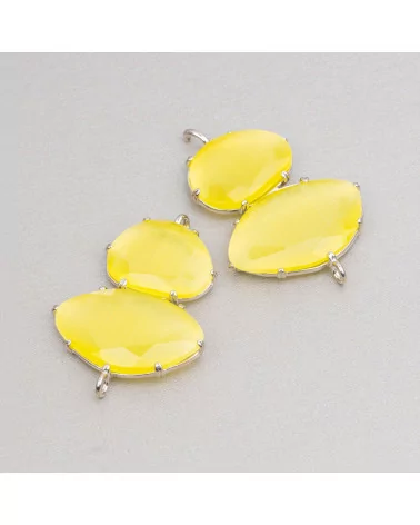 Connettore Componente Di Ottone Con Occhio Di Gatto Incastonati 30x40mm Con 2 Anellini 4pz Rodiato Giallo- A DUE PEZZI | Worldofjewel.com