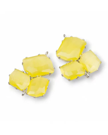 Connettore Componente Di Ottone Con Occhio Di Gatto Incastonato 32x41mm 3pz Rodiato Giallo- A TRE PEZZI | Worldofjewel.com