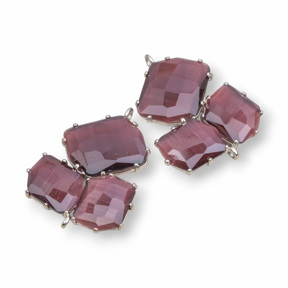 Connettore Componente Di Ottone Con Occhio Di Gatto Incastonato 32x41mm 3pz Rodiato Viola- A TRE PEZZI | Worldofjewel.com