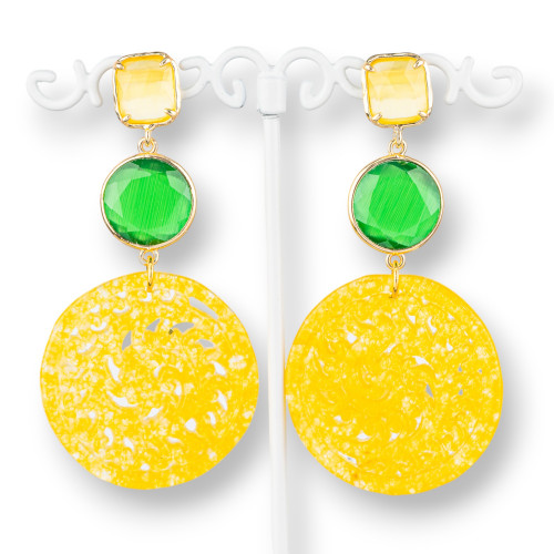 Pendientes de Bronce con Ojo de Gato y Jade Birmano 35x68mm Amarillo Verde