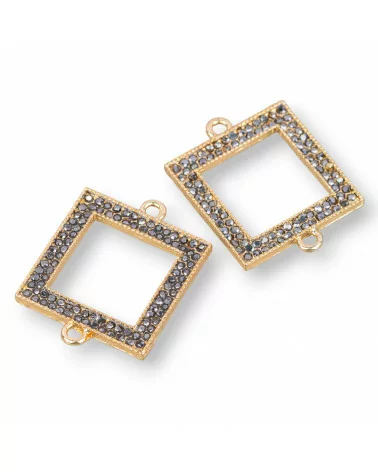 Connettore Componente Di Ottone Con Marcasite Strass Quadrato Con 2 Anellini 25x32mm 10pz-CONNETTORI CON STRASS | Worldofjewel.com