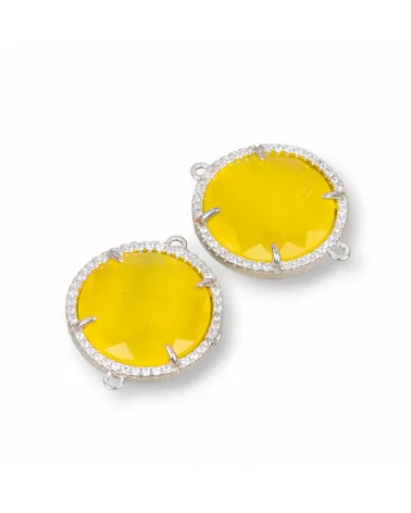 Connettore Componente Di Ottone Con Occhio Di Gatto Incastonati e Zirconi 20mm 6pz Rodiato Giallo- TONDO | Worldofjewel.com