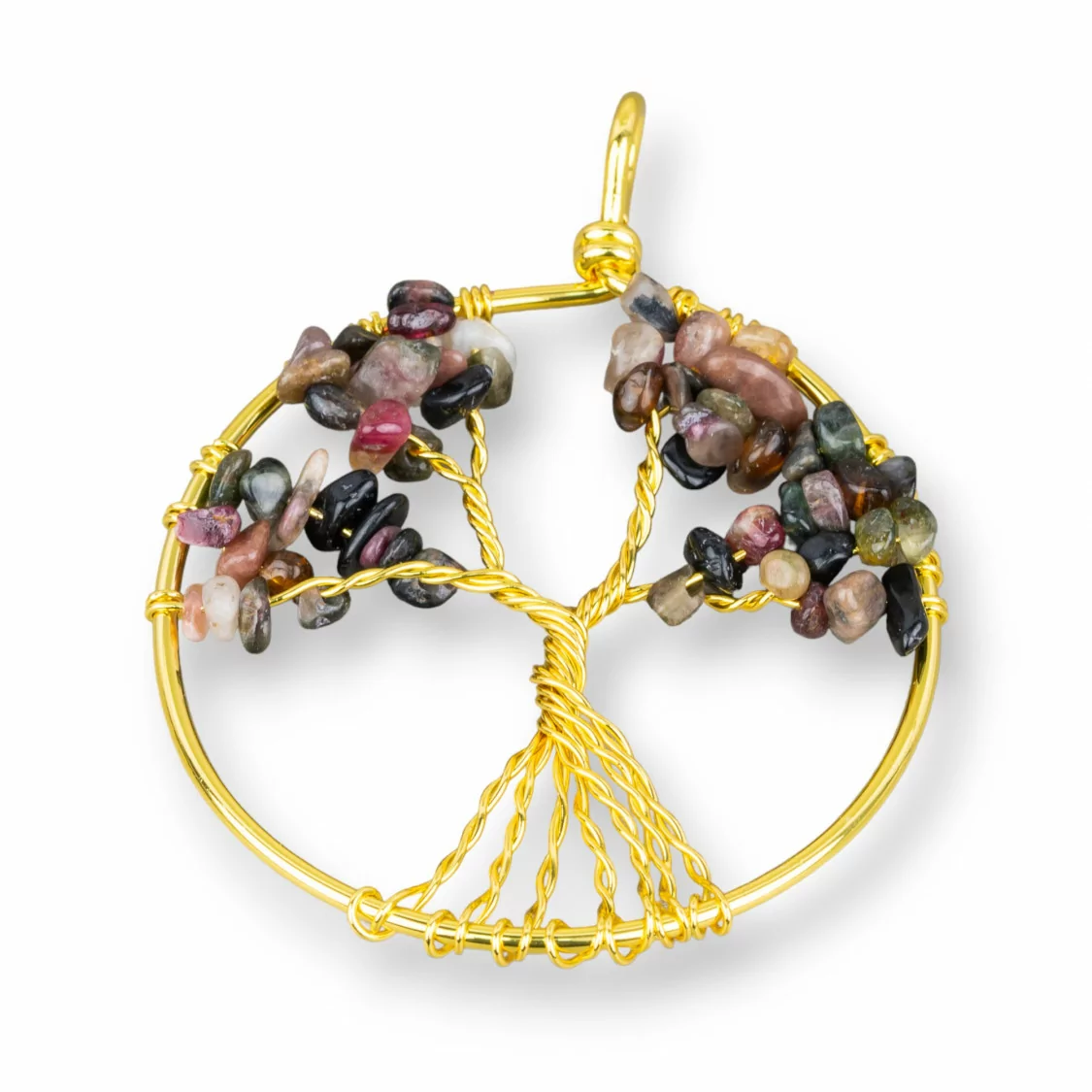 Pendente Albero Della Vita Con Pietre Dure 50mm 2pz Dorato Tormalina-CIONDOLI DI OTTONE | Worldofjewel.com