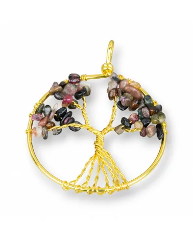 Pendente Albero Della Vita Con Pietre Dure 50mm 2pz Dorato Tormalina-CIONDOLI DI OTTONE | Worldofjewel.com