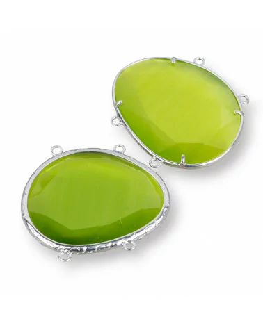 Connettore Componente Di Ottone Con Occhio Di Gatto Incastonati Irregolare 35x40mm Con 4 Anellini 3pz Rodiato Verde- IRREGOLARI | Worldofjewel.com