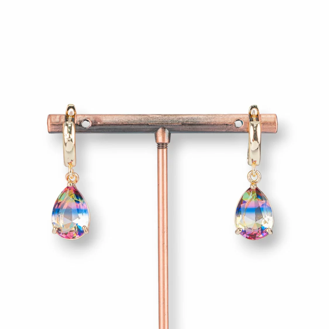 Orecchini A Monachella Chiusa Di Bronzo Con Rettangolo Di Cristalli Rainbow Goccia 10x30mm Arcobaleno-BRONZO CRYSTAL | Worldofjewel.com