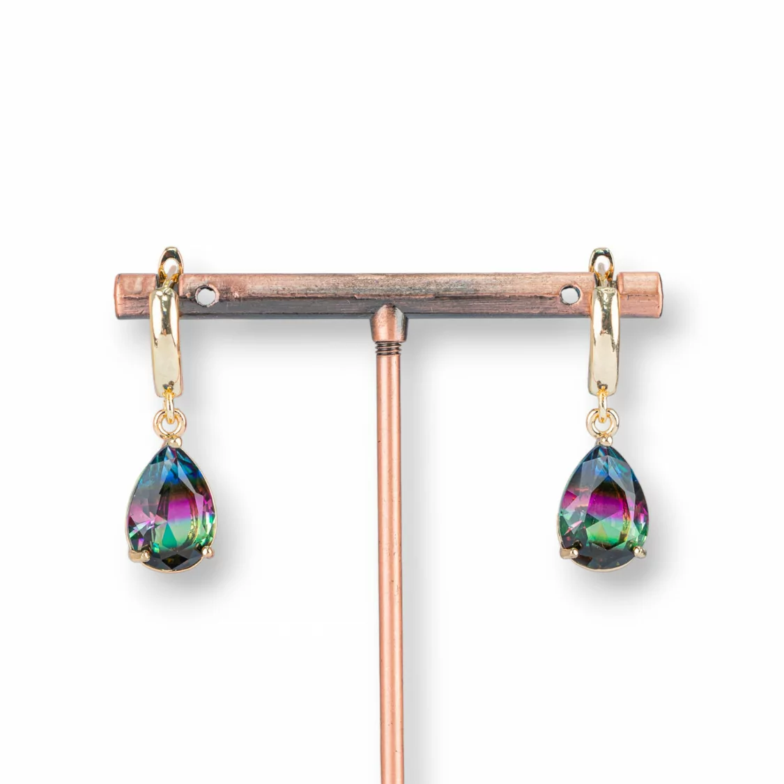 Orecchini A Monachella Chiusa Di Bronzo Con Rettangolo Di Cristalli Rainbow Goccia 10x30mm Blu Viola Verde-BRONZO CRYSTAL | Worldofjewel.com