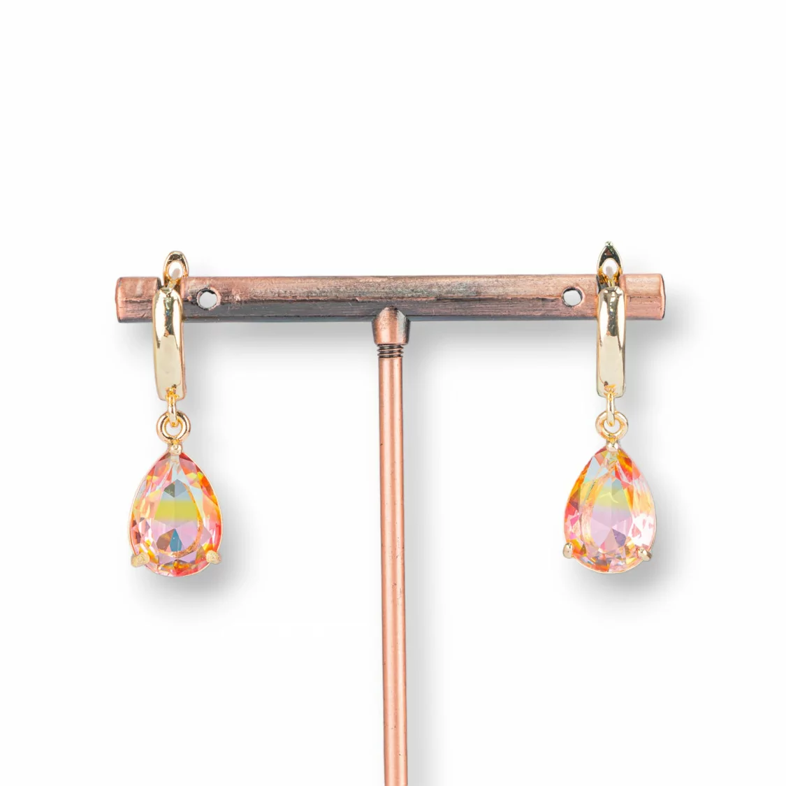 Orecchini A Monachella Chiusa Di Bronzo Con Rettangolo Di Cristalli Rainbow Goccia 10x30mm Dorato E Rosa-BRONZO CRYSTAL | Worldofjewel.com