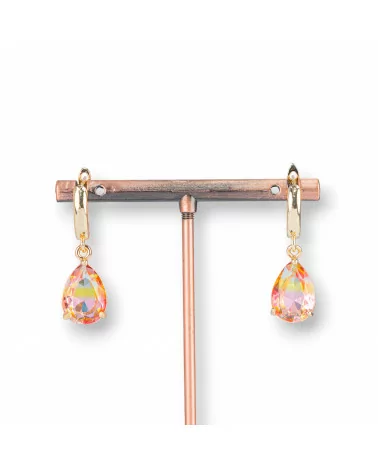 Orecchini A Monachella Chiusa Di Bronzo Con Rettangolo Di Cristalli Rainbow Goccia 10x30mm Dorato E Rosa-BRONZO CRYSTAL | Worldofjewel.com