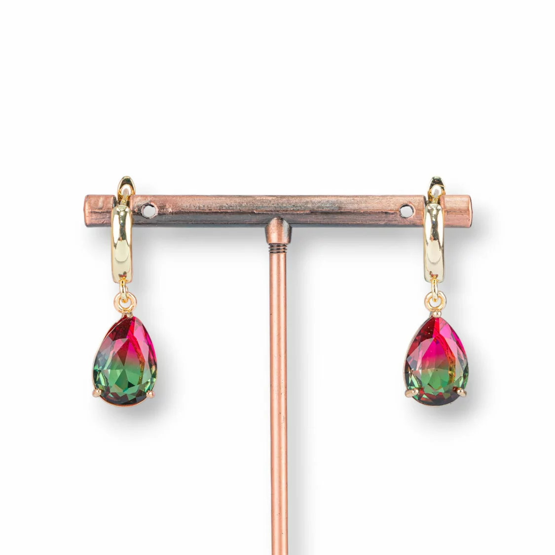 Orecchini A Monachella Chiusa Di Bronzo Con Rettangolo Di Cristalli Rainbow Goccia 10x30mm Rosso Verde-BRONZO CRYSTAL | Worldofjewel.com