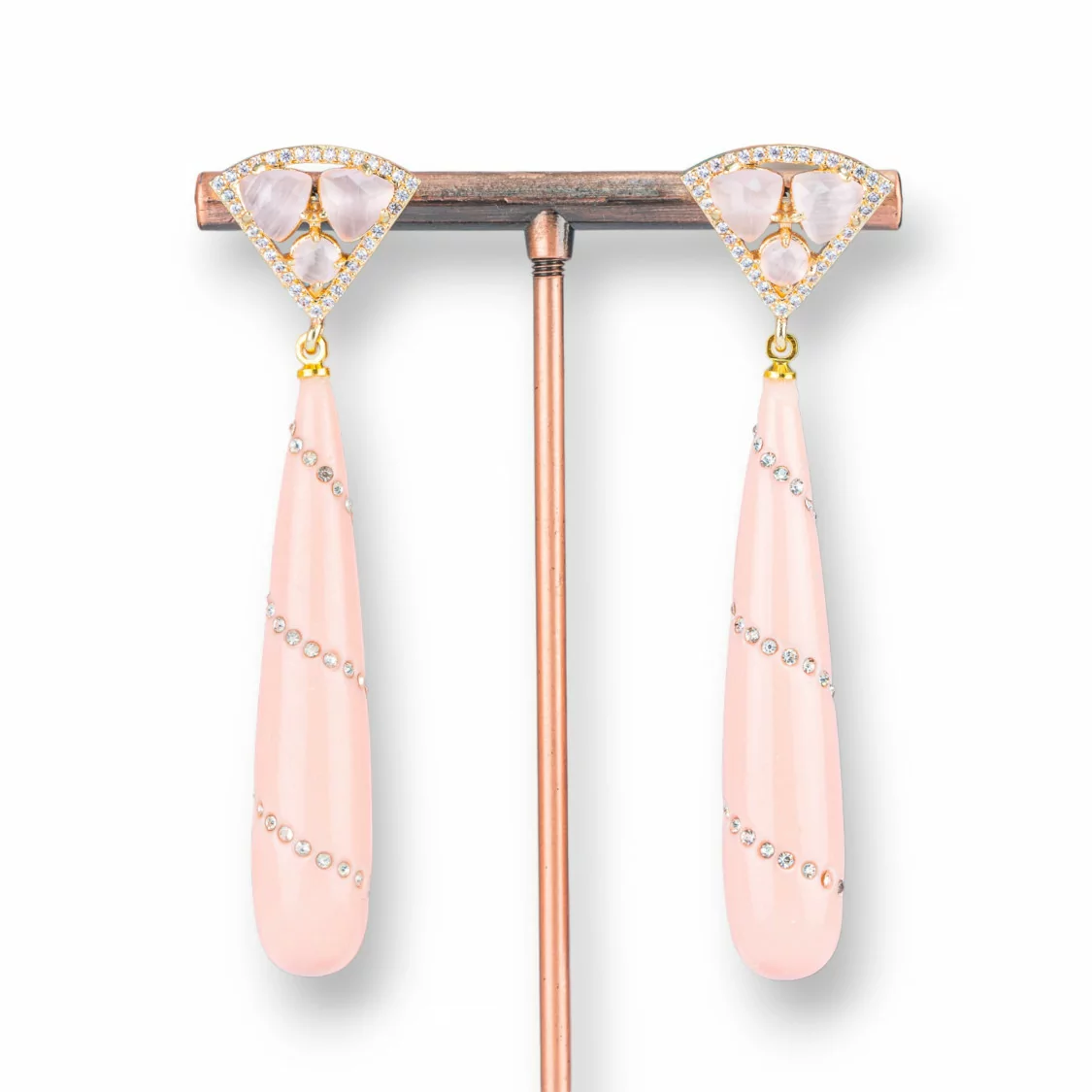 Orecchini A Perno Di Bronzo Con Occhio Di Gatto Incastonato Con Gocce Di Pasta Zirconata 18x70mm Rosa-BRONZO CRYSTAL | Worldofjewel.com