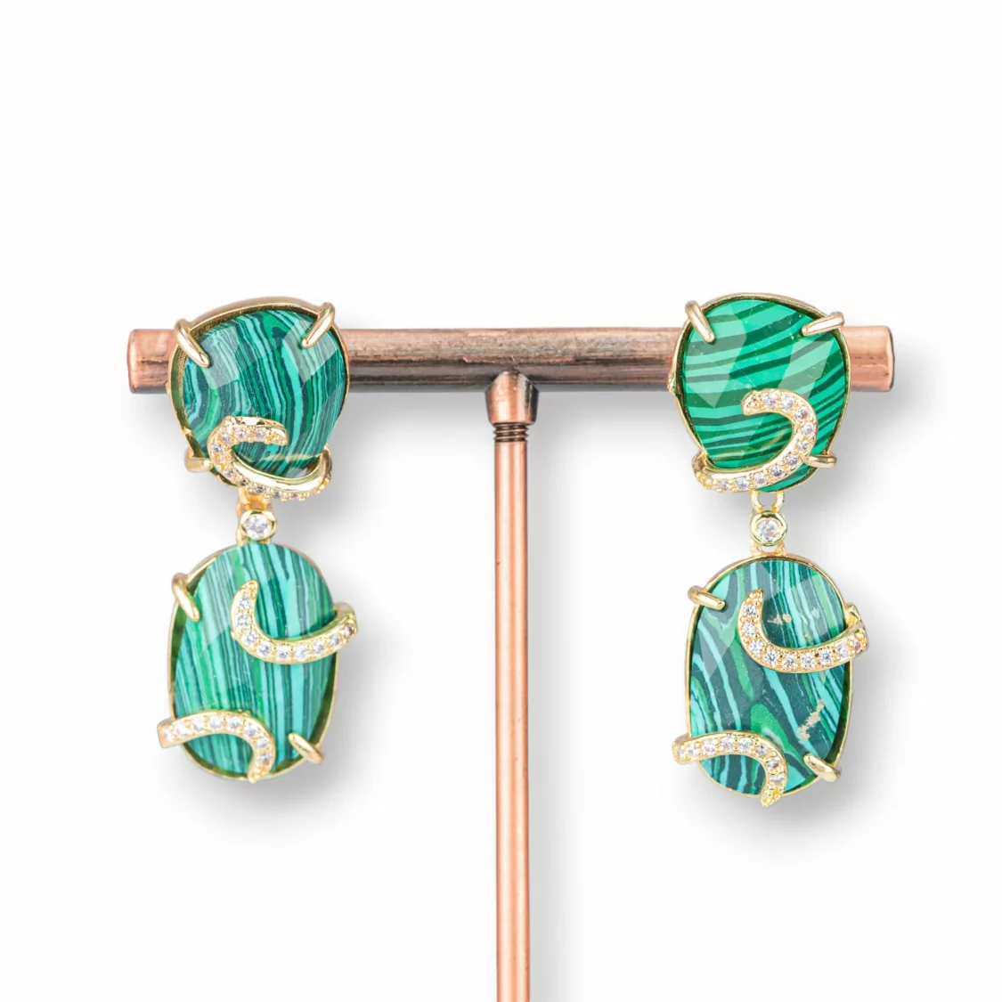 Orecchini A Monachella Di Bronzo Con Occhio Di Gatto 14x40mm Con Zirconi 1 Paio Dorato Pasta Di Malachite-BRONZO CRYSTAL | Worldofjewel.com