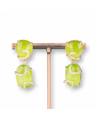 Orecchini A Monachella Di Bronzo Con Occhio Di Gatto 14x40mm Con Zirconi 1 Paio Dorato Verde Lime-BRONZO CRYSTAL | Worldofjewel.com