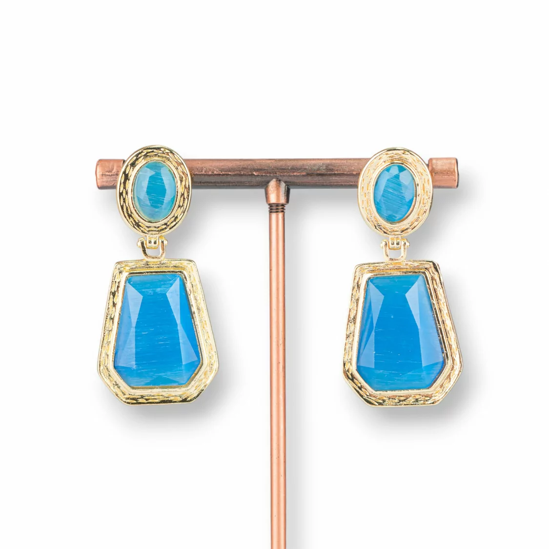 Orecchini Perno Di Bronzo Con Pendenti Di Occhio Di Gatto 20x42mm Dorato Blu Chiaro-ORECCHINI MADE WITH STYLE | Worldofjewel.com