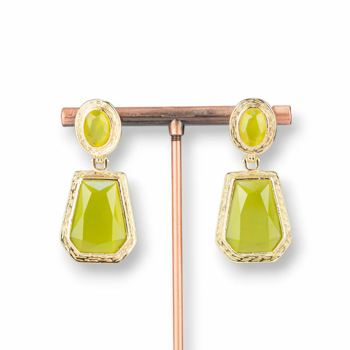 Orecchini Perno Di Bronzo Con Pendenti Di Occhio Di Gatto 20x42mm Dorato Verde Acido-BRONZO CRYSTAL | Worldofjewel.com