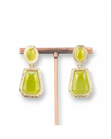 Orecchini Perno Di Bronzo Con Pendenti Di Occhio Di Gatto 20x42mm Dorato Verde Acido-BRONZO CRYSTAL | Worldofjewel.com