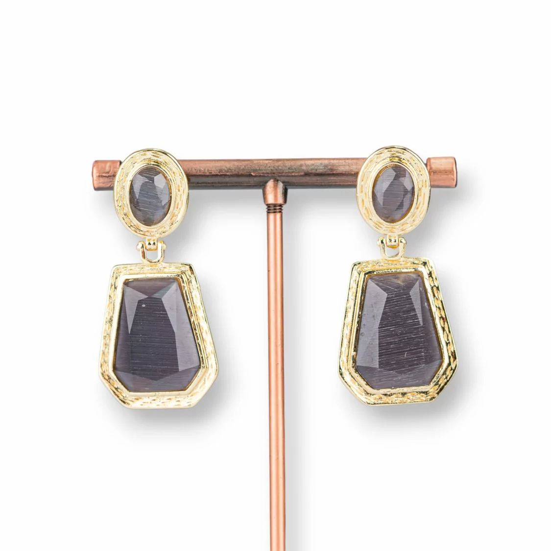 Orecchini Perno Di Bronzo Con Pendenti Di Occhio Di Gatto 20x42mm Dorato Viola-BRONZO CRYSTAL | Worldofjewel.com