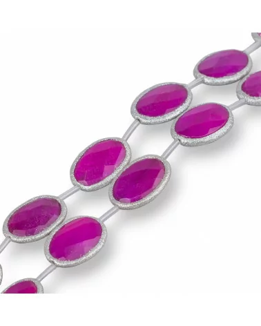 Perline A Filo Di Giada Fucsia Ovale Piatto Sfaccettato Con Glitter 34x44mm 5pz Argentato-PIETRE DURE BORDATE | Worldofjewel.com