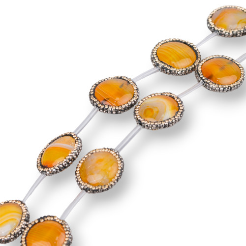 Fil de Marcassite Perles Strass Agate Orange Rayé Plat Rond 22mm 10pcs