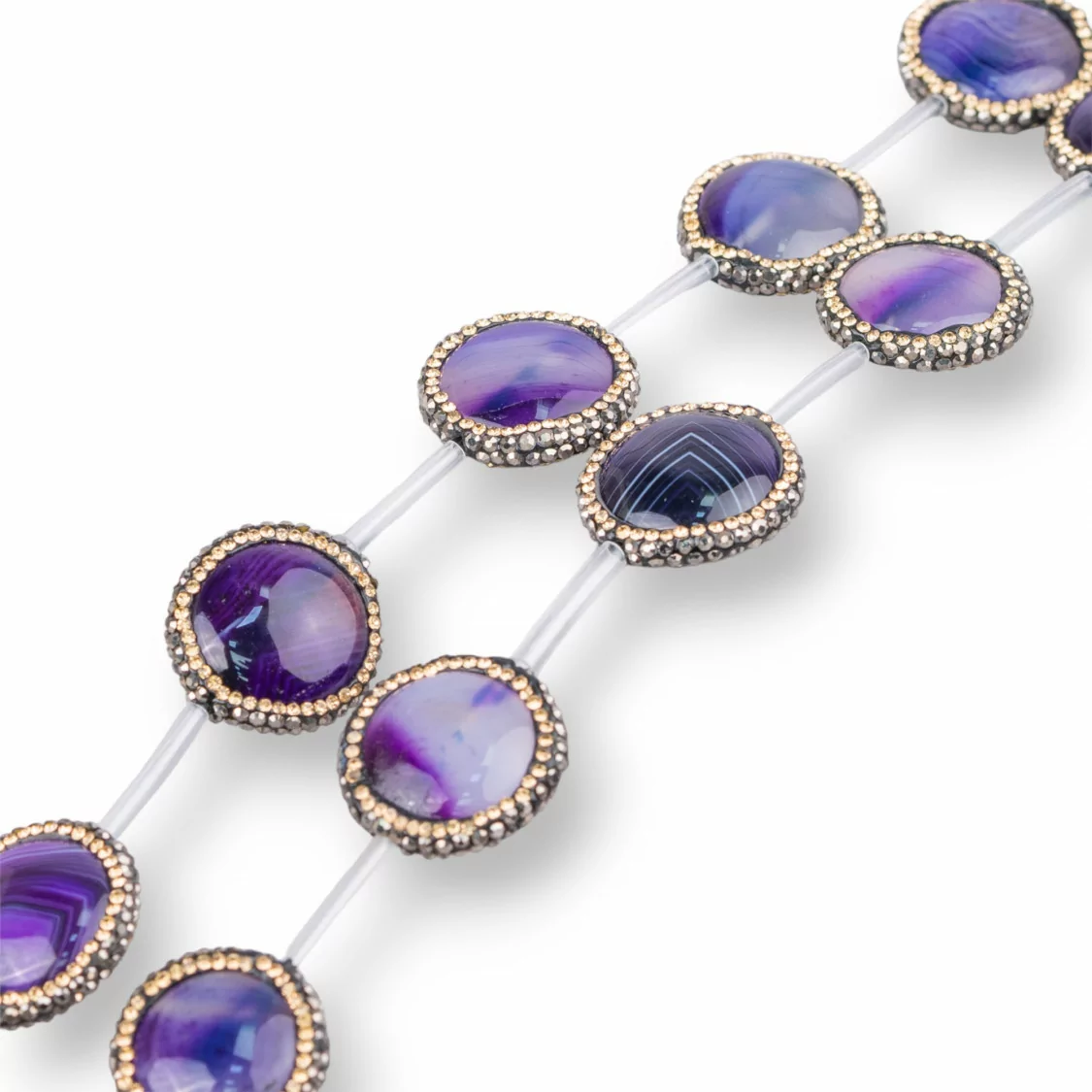 Perline a Filo Di Marcasite Strass Agata Striata Viola Tondo Piatto 22mm 10pz-PERLINE CON MARCASITE STRASS | Worldofjewel.com