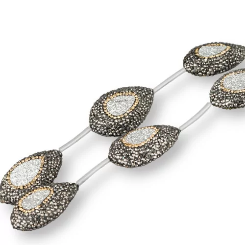 Perline a Filo Di Marcasite Strass Con Druzi Bianco E Madreperla Goccia Piatta 23x32mm 5pz