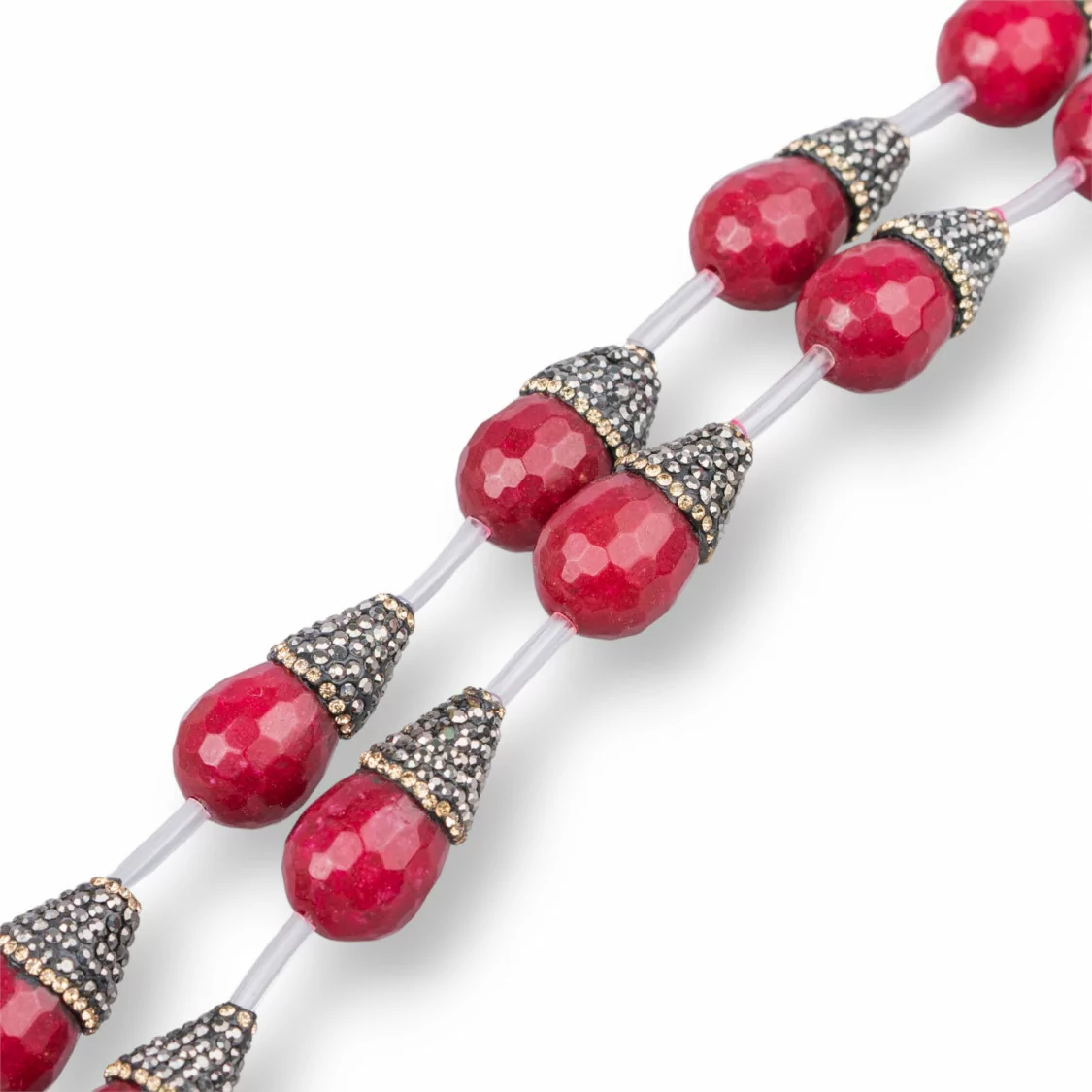 Perline a Filo Di Marcasite Strass Con Giada Rubellite Gocce Briolette Sfaccettate 13x24mm 10pz-PERLINE CON MARCASITE STRASS | Worldofjewel.com