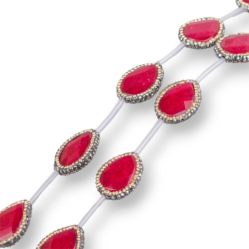 Perline a Filo Di Marcasite Strass Con Giada Rubellite Gocce Piatte Sfaccettato 20x24mm 9pz