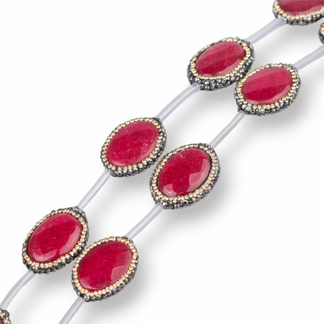 Perline a Filo Di Marcasite Strass Con Giada Rubellite Ovale Piatto Sfaccettato 16x20mm 10pz-PERLINE CON MARCASITE STRASS | Worldofjewel.com