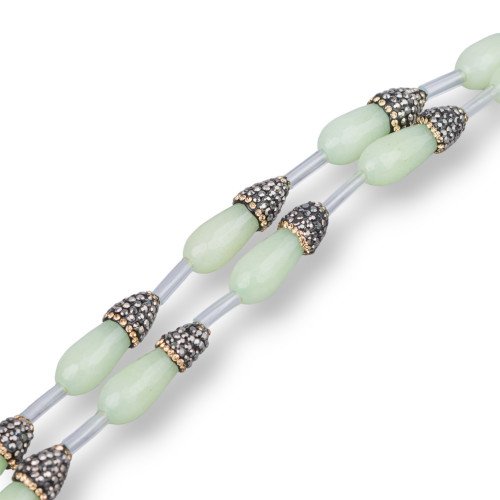 Perline a Filo Di Marcasite Strass Con Giada Verde Mela Gocce Briolette Sfaccettate 10x25mm 10pz